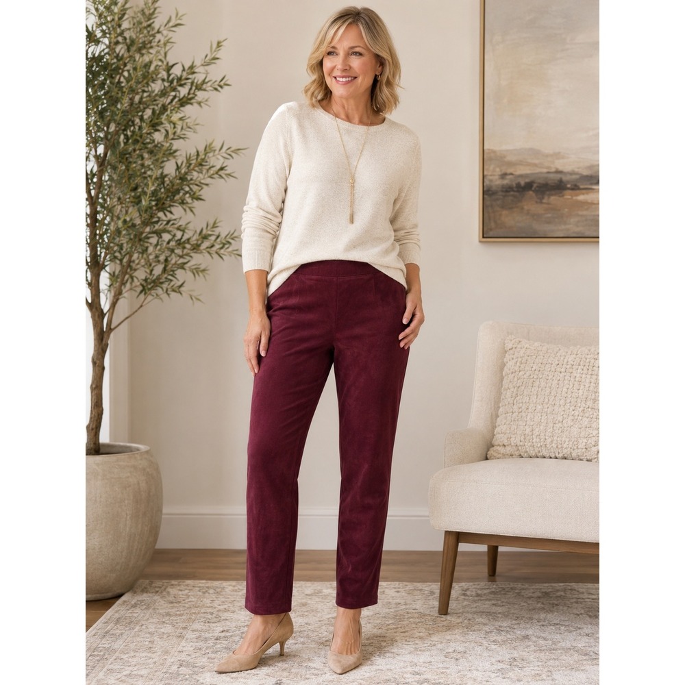 Chico's Faux Suede Pants Women Size 1.5 US 10 Burgundy Red Stretch Pull On Slim